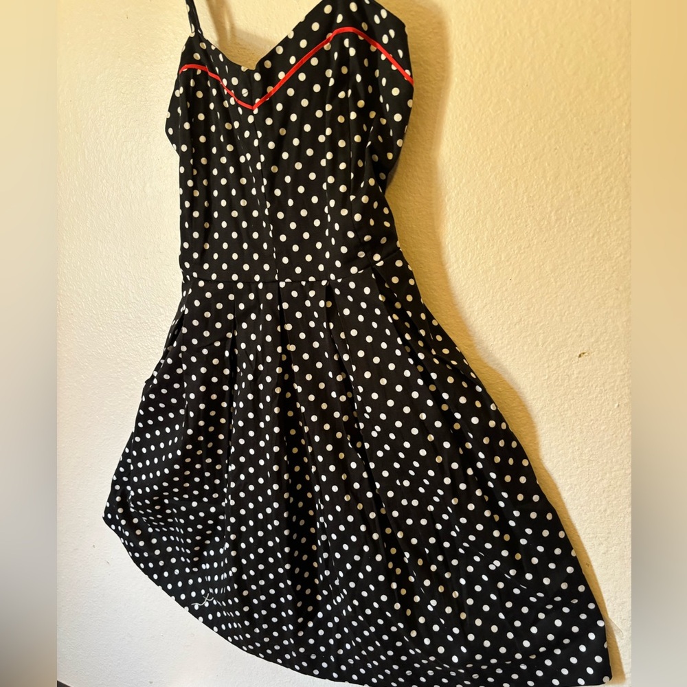 Cute Pinup Rockabilly Black and White Polka Dot A Line Dress with Red Trim - Picture 2 of 16